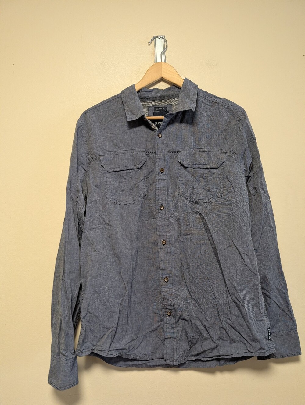 prAna Slim Fit Blue Chambray Utility Button Down Shirt Large